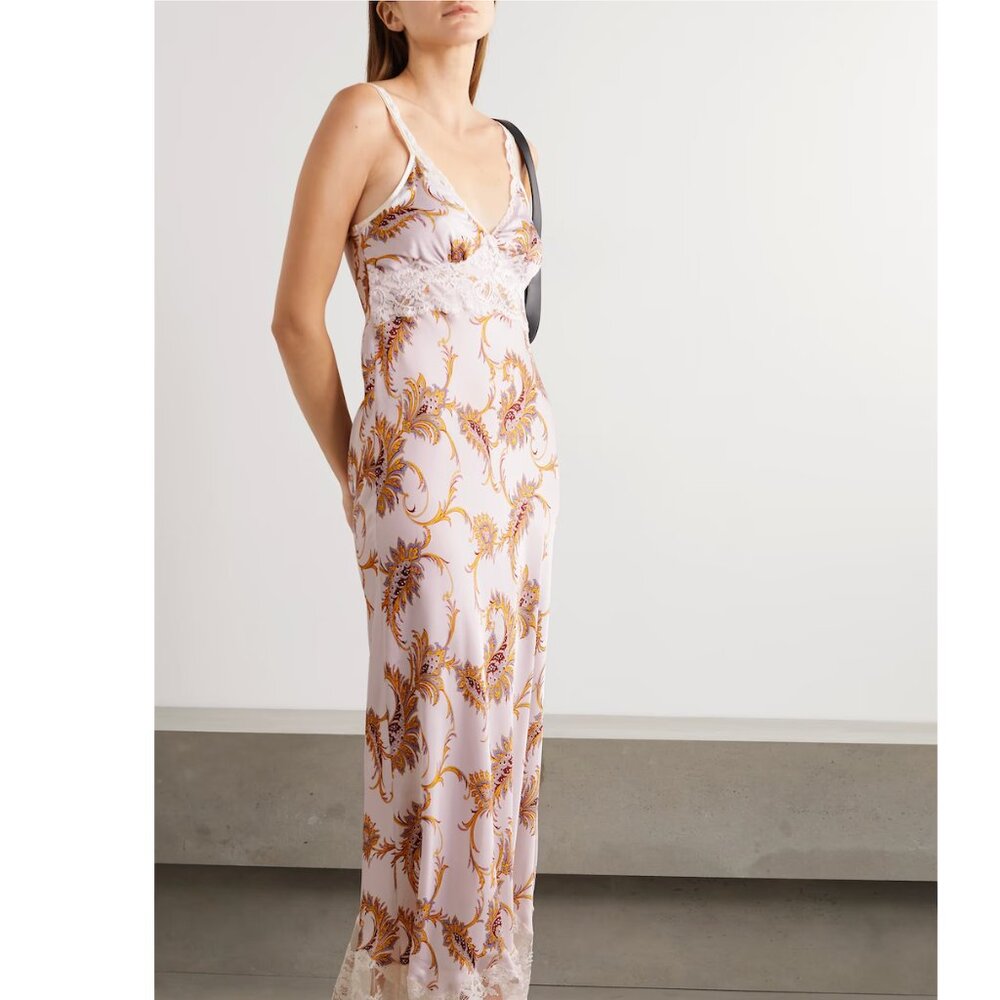 Paco Rabanne Lace-Trim Floral Print Satin Slip Dress in Pastel Purple Polyester